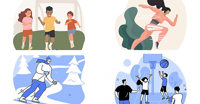Illustration på människor som spelar fotboll, basket och åker skidor samt springer