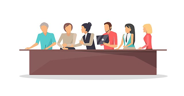 Illustration på människor som har möte, sitter vid ett bord, en håller i en dator