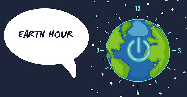 bild på jorden som symboliserar en klocka, mörkblå bakgrund, pratbubbla till vänster med texten earth hour