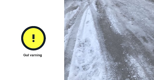 bild på gul varningstriangel från Sveriges meteorologiska och hydrologiska institut, bild som föreställer ishalka på bilväg