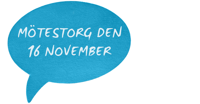 Blå pratbubbla med texten "mötestorg den 16 november" skrivet i 